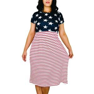 Patriotic Dress American Flag Stars & Stripes Short Sleeve Casual Dress Large